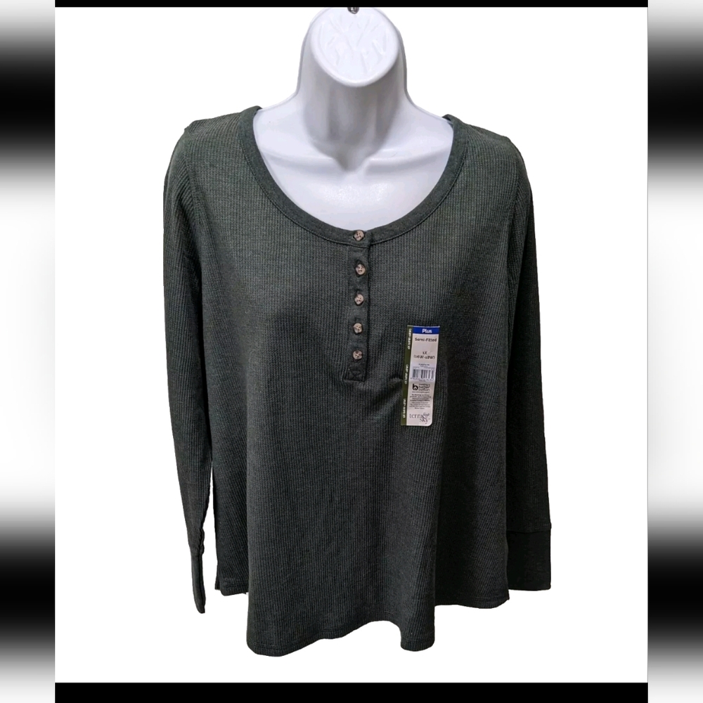 NWT Terra & Sky Waffle Tee Henley Shirt 1X Long Sleeve Thermal Green